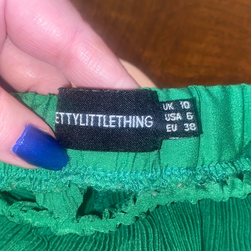 PrettyLittleThing Plisse Wide Leg Pants Green High Waisted Flowy Lounge Size 6 - Picture 12 of 14